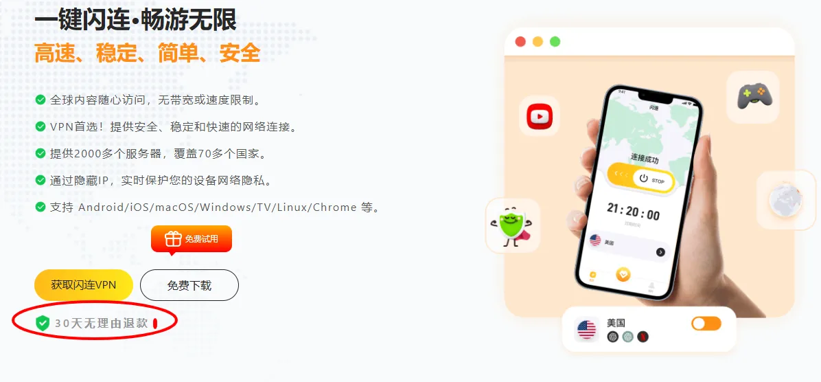 img of 机场推荐 - 闪连VPN深度测评,30天无理由退款保障